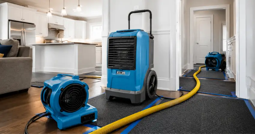 burst pipe cleanup drying equipment installed in home in Assiniboine Park, Winnipeg
