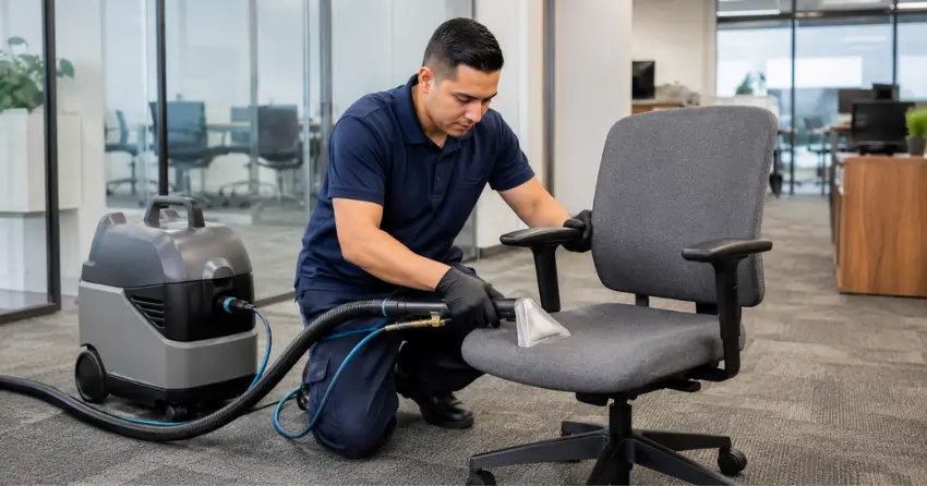 Commercial upholstery cleaning technician using professional extraction equipment on an office chair in a Rockwood, Winnipeg corporate facility