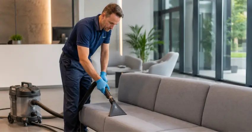 Clean commercial upholstery seating in a Rockwood, Winnipeg corporate reception area showing the result of professional upholstery cleaning