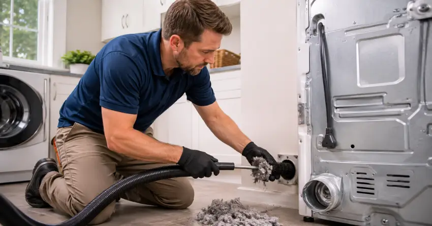 dryer vent blockage removal technician clearing lint from duct in Robertson, Winnipeg