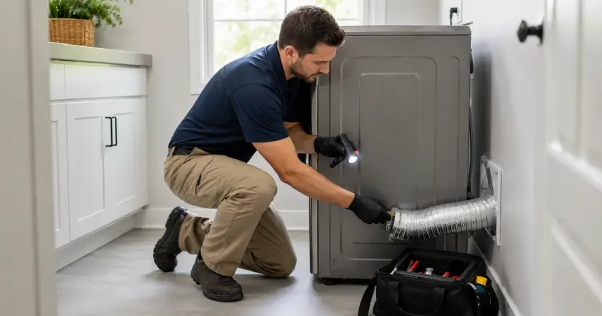 dryer vent cleaning technician inspecting duct connection in Dugald, Winnipeg