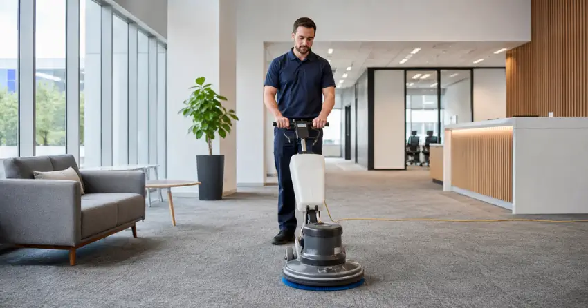 encapsulation carpet cleaning rotary applicator in commercial space in China Town, Winnipeg
