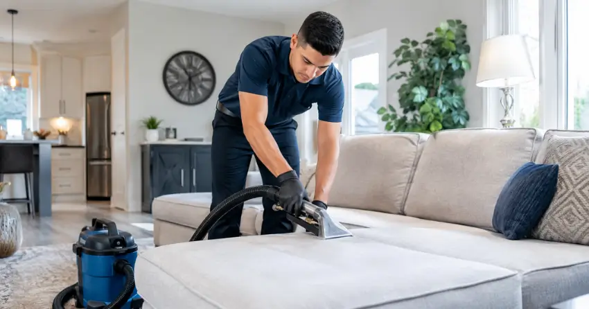 fabric furniture cleaning technician treating sofa in South Point Douglas, Winnipeg