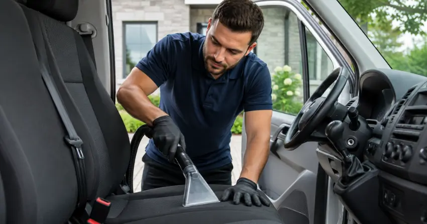 fleet vehicle interior cleaning technician cleaning company van seats in Mynarski, Winnipeg