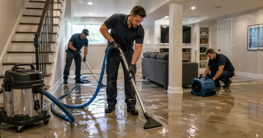 flood cleanup team extracting water from flooded basement in Crescent Park, Winnipeg
