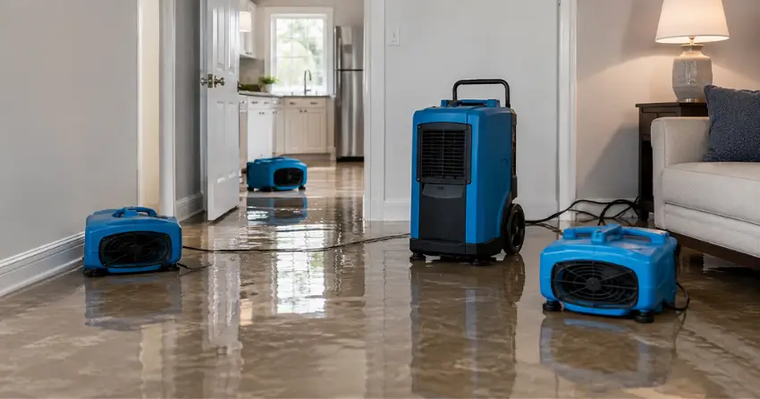 flood cleanup structural drying equipment set up in flooded home in Crescent Park, Winnipeg