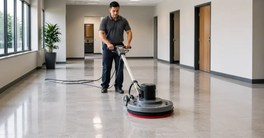 professional floor scrubbing machine working on commercial VCT tile floor