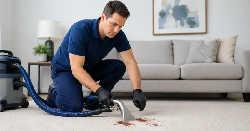 professional stain removal technician treating carpet food stain with extraction equipment