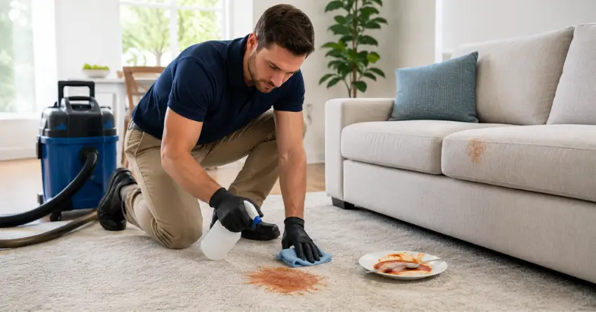 food stain removal technician treating upholstery stain in River Park South, Winnipeg