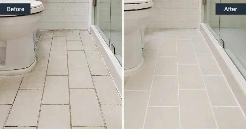 before and after grout color sealing result on bathroom tile