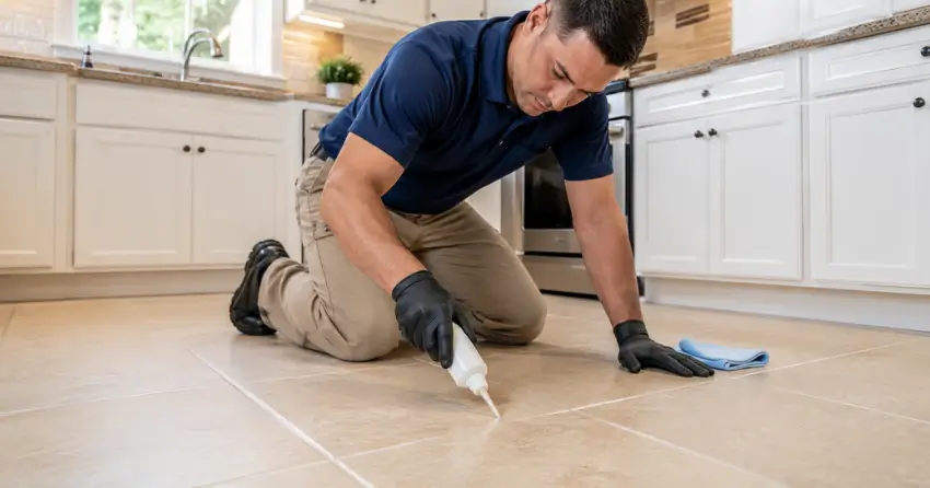 technician applying grout line brightening treatment to kitchen tile