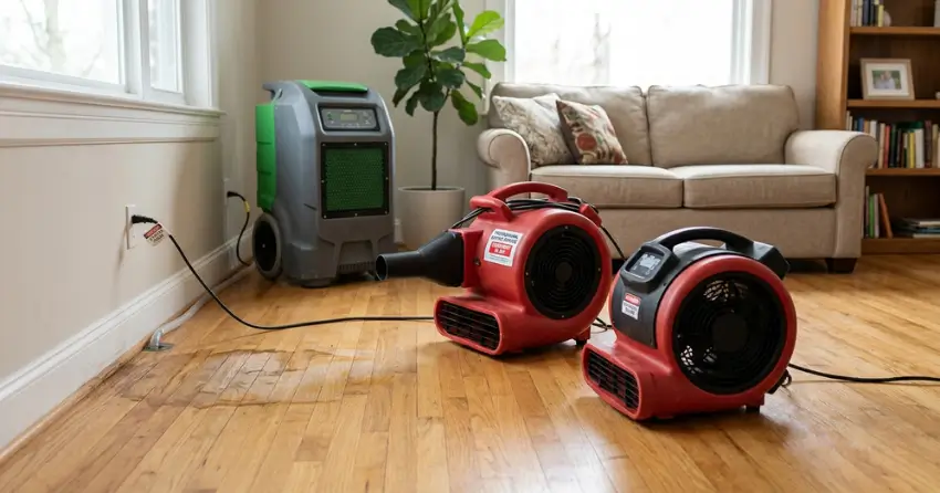 professional water damage drying equipment on hardwood floor in Seven Oaks, Winnipeg