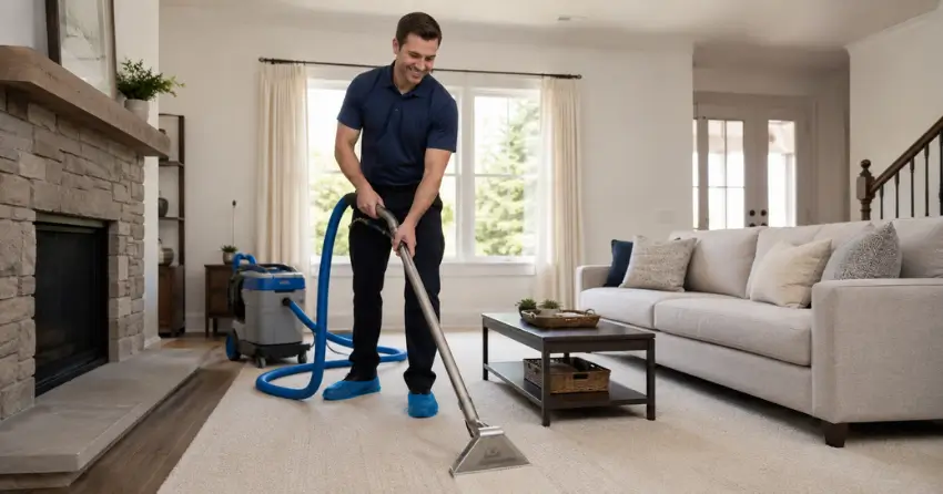 carpet cleaning technician completing residential carpet cleaning visit in Niakwa Park, Winnipeg