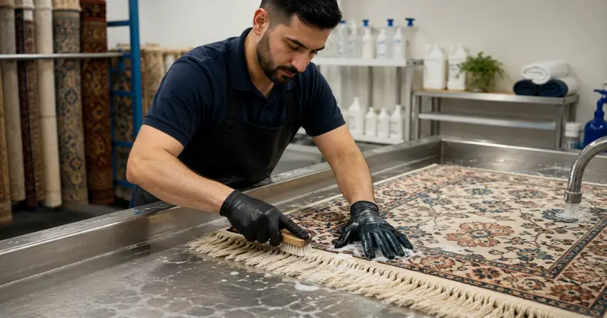 professional rug fringe cleaning process showing hand washing technique in Riverbend, Winnipeg