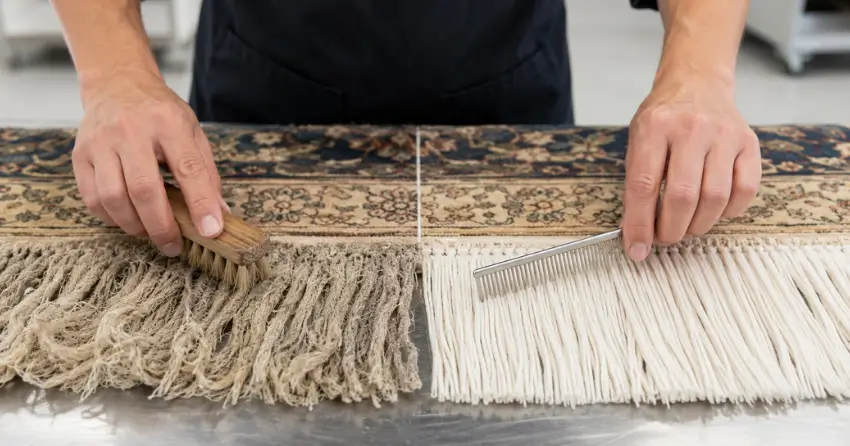 rug fringe cleaning before and after showing restored fringe in Riverbend, Winnipeg