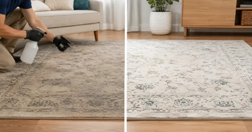 before and after rug odor removal treatment showing clean restored rug