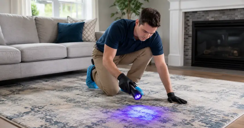 uv light showing pet urine contamination in rug