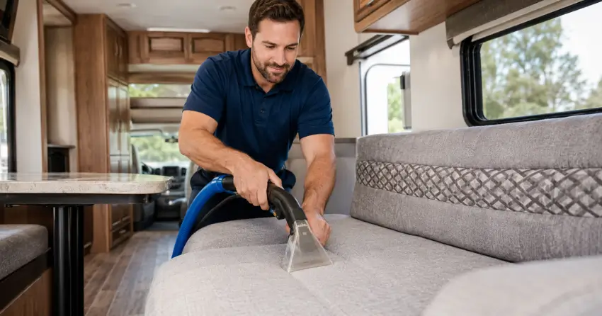 RV upholstery cleaning technician extracting fabric seating
