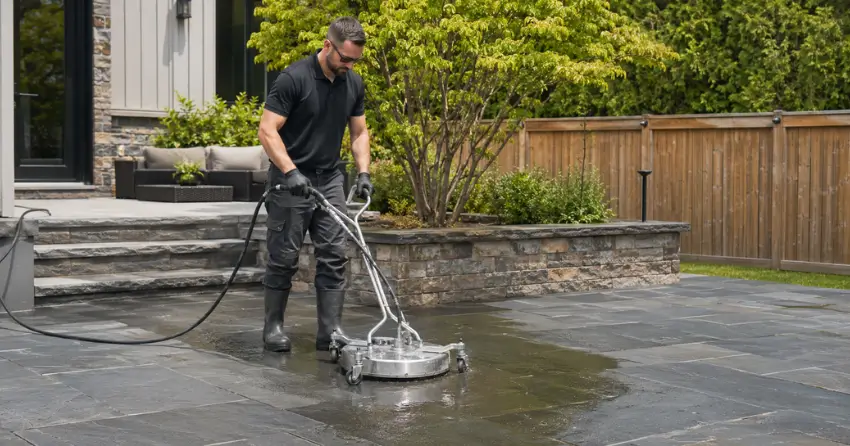 slate cleaning technician treating patio surface in Logan-C.P.R, Winnipeg