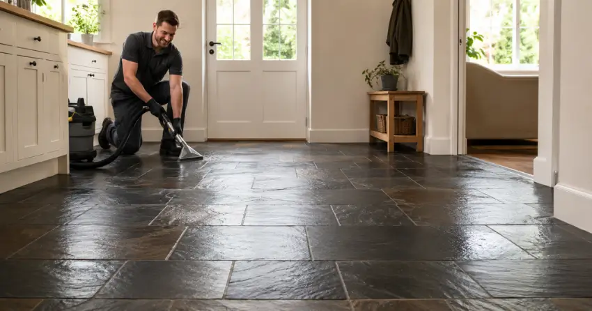 restored slate floor after professional cleaning in Logan-C.P.R, Winnipeg