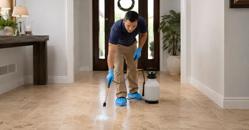 travertine floor cleaning technician applying stone-safe solution