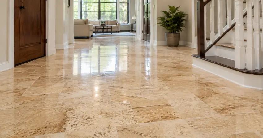 sealed travertine floor finish in Crescentwood, Winnipeg home