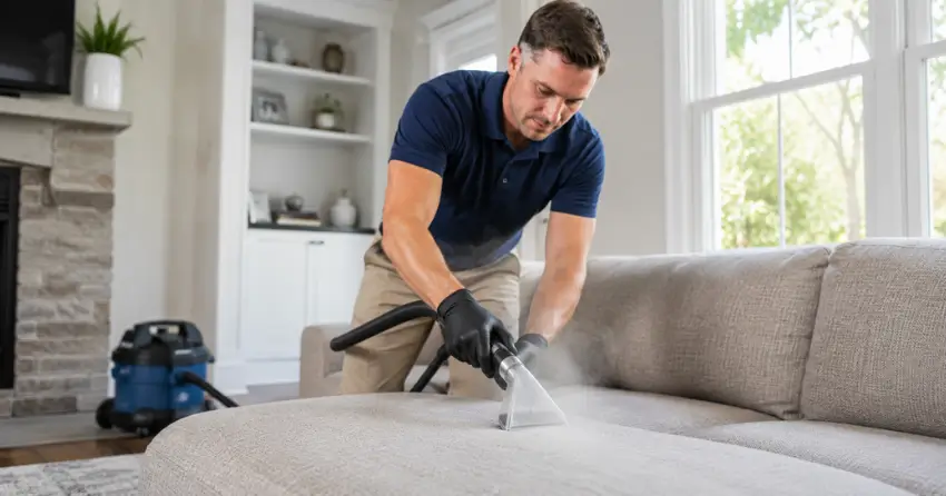 upholstery sanitizing technician using steam equipment on sofa