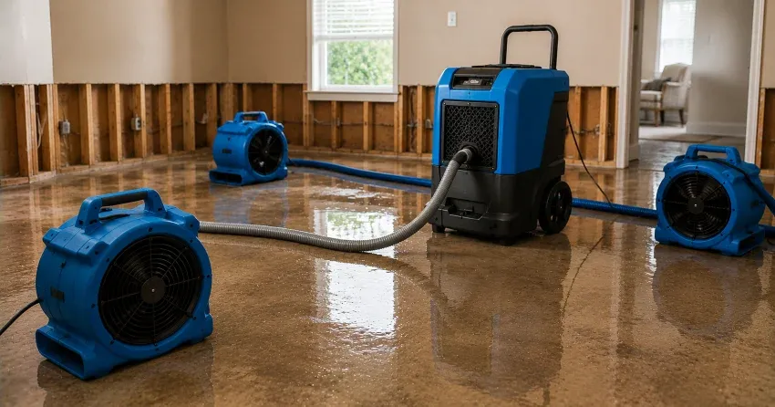 water damage restoration drying equipment setup in Assiniboia Downs, Winnipeg