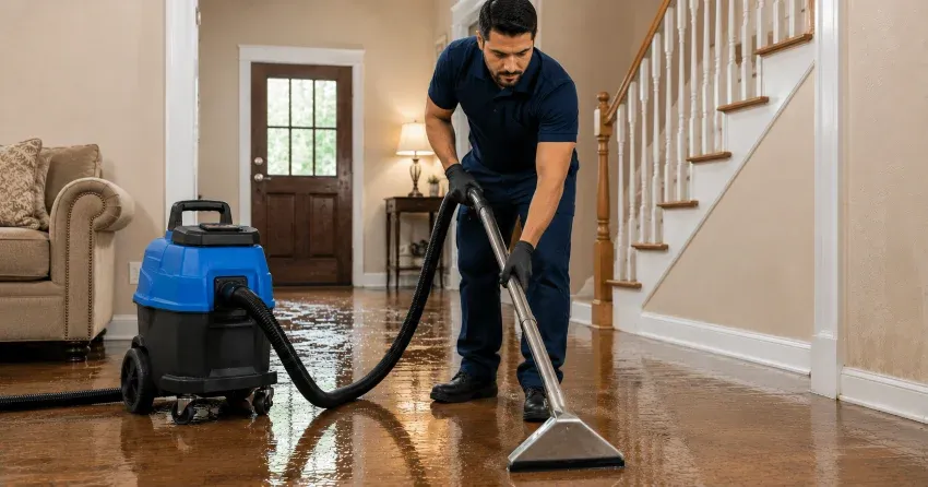 water damage cleanup technician using extraction equipment in Buchanan, Winnipeg