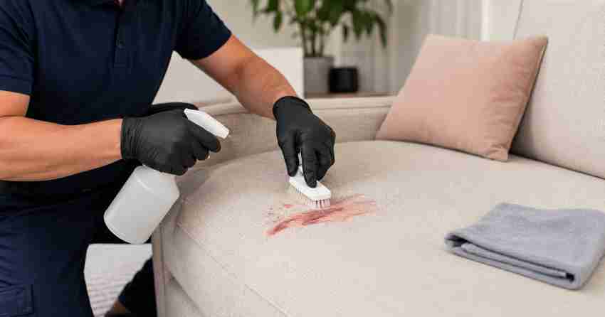 makeup stain removal technician treating upholstery in Norwood East, Winnipeg