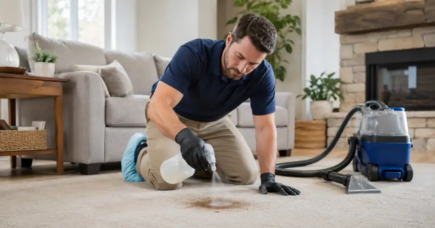 carpet stain removal technician pre-treating stain in North River Heights, Winnipeg