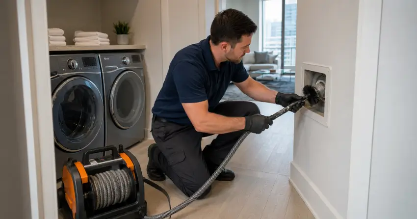 professional condo dryer vent cleaning with rotary brush system in high-rise unit