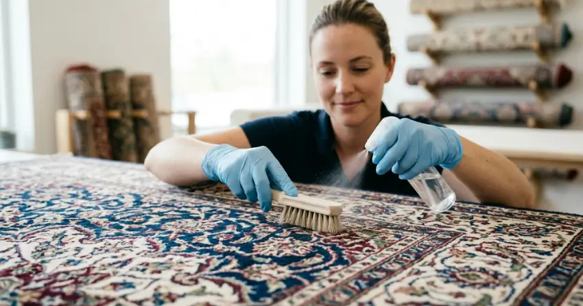 wool and silk handmade rug fiber cleaning close-up