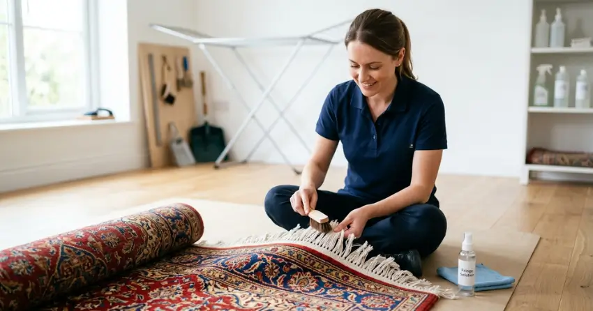 handmade rug fringe cleaning and inspection during professional rug cleaning
