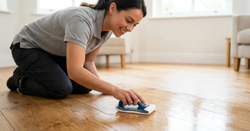 hardwood floor polish application technique close-up