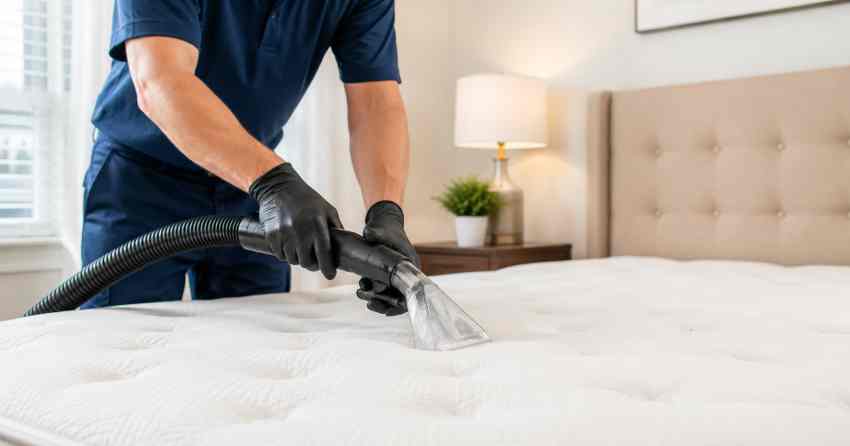mattress cleaning technician using hot water extraction in St. James Industrial, Winnipeg