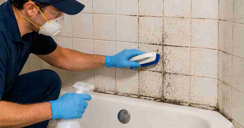 mold growth on bathroom grout and wall surface