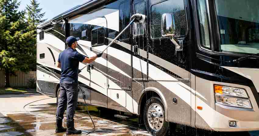 motorhome cleaning professional washing exterior RV in La Barriere, Winnipeg