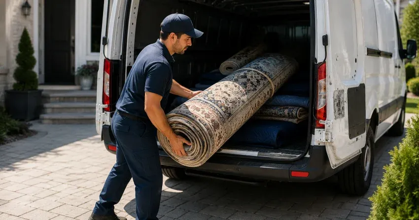 rug pickup and delivery technician loading rug in West Fort Garry Industrial, Winnipeg
