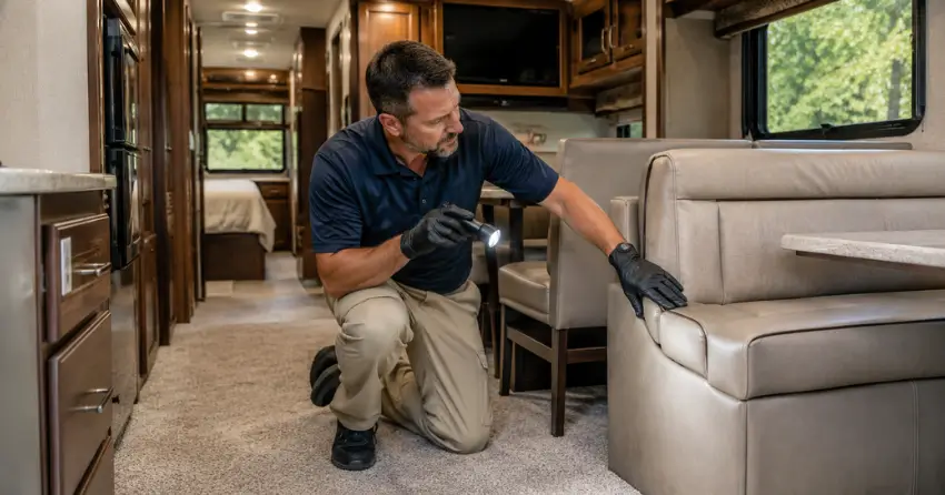 RV odor removal technician inspecting interior for source
