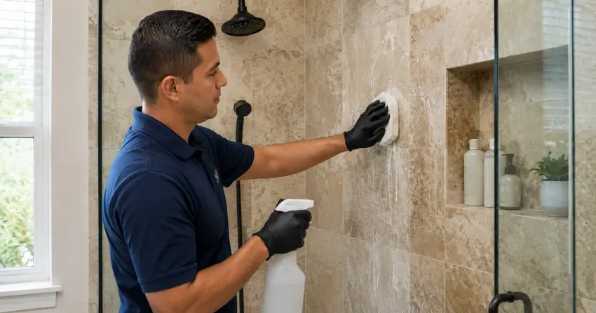 technician cleaning soap scum from natural stone shower wall