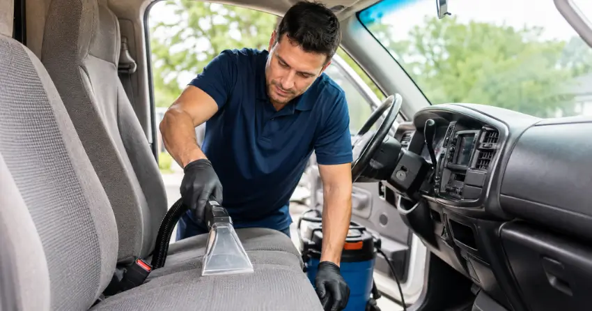truck interior cleaning technician shampooing cloth seats