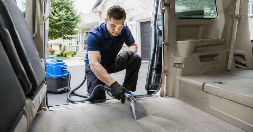 van interior cleaning technician extracting carpet stains in St. Vital Perimeter South, Winnipeg