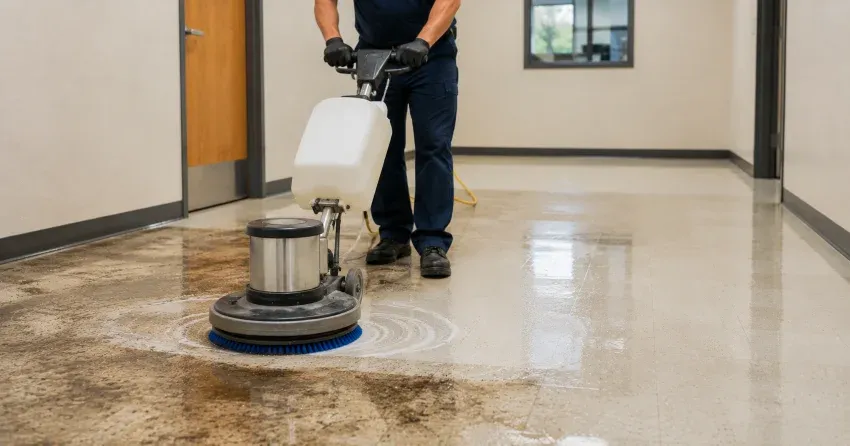 vinyl floor scrubbing machine cleaning heavily soiled floor in Civic Centre, Winnipeg