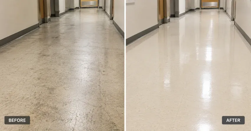 before and after vinyl floor scrubbing showing clean restored surface